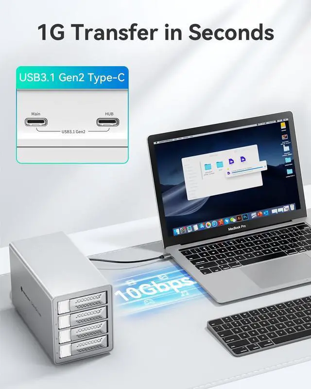 Alt view image 4 of 5 - Yottamaster VN400C3 4 Bay Hard Drive Enclosure, 10Gbps Daisy-Chain 4 Bay DAS, Aluminum USB C DAS Enclosure Support 88TB (4x22TB), Max Up to 264TB for 2.5" & 3.5" SATA HDD/SSD (Diskless)