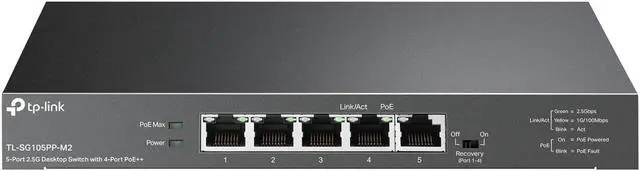 Main image of TP-Link TL-SG105PP-M2 5 Port 2.5 Gigabit Switch Multi-Gigabit 4 PoE++ Ports @123W Fanless Metal Design Plug & Play PoE Auto Recovery QoS & IGMP