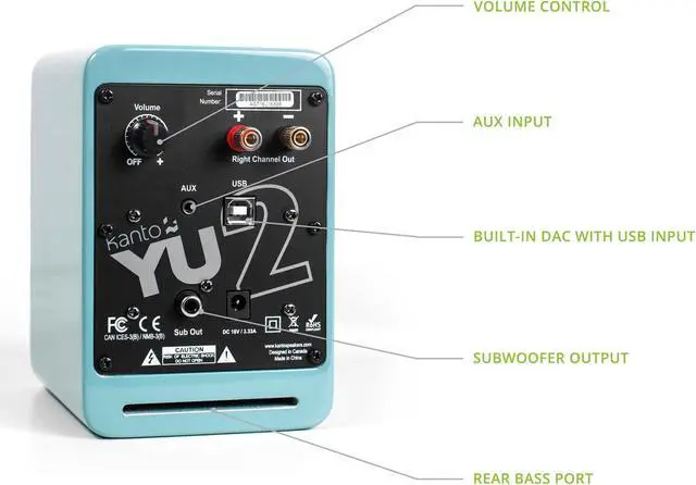 Alt view image 3 of 5 - Kanto YU2GT PC Gaming Desktop Speakers | 3" Composite Drivers | 3/4" Silk Dome Tweeter | Class D Amplifier | 100 Watts | Built-in USB DAC | Subwoofer Output | Pair | Gloss Teal