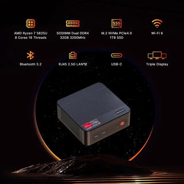 Alt view image 2 of 5 - BOSGAME P4 Mini PC, Mini Desktop Computer with AMD Ryzen 7 5825U (up to 4.5GHz), 32GB DDR4, 1TB PCIe SSD, Dual LAN 2.5G & Wi-Fi 6E & BT5.2, 4K Triple Display, for Home, Office, Gaming, Design
