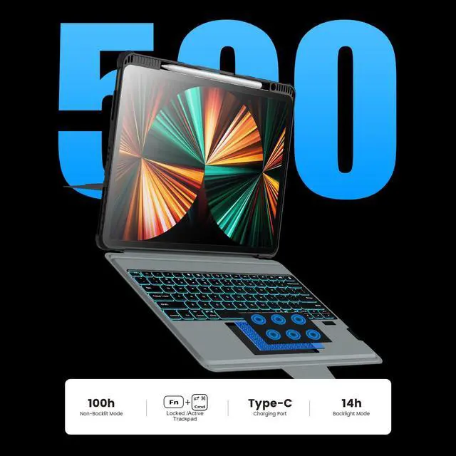 Alt view image 4 of 5 - Nillkin for iPad Air 13 inch M2 2024 M3 2025 Keyboard Backlit Bumper Case for iPad Pro 12.9 (3rd, 4th, 5th and 6th gen) Detachable Keyboard with Built in trackpad, Stand,US English - Elite Black