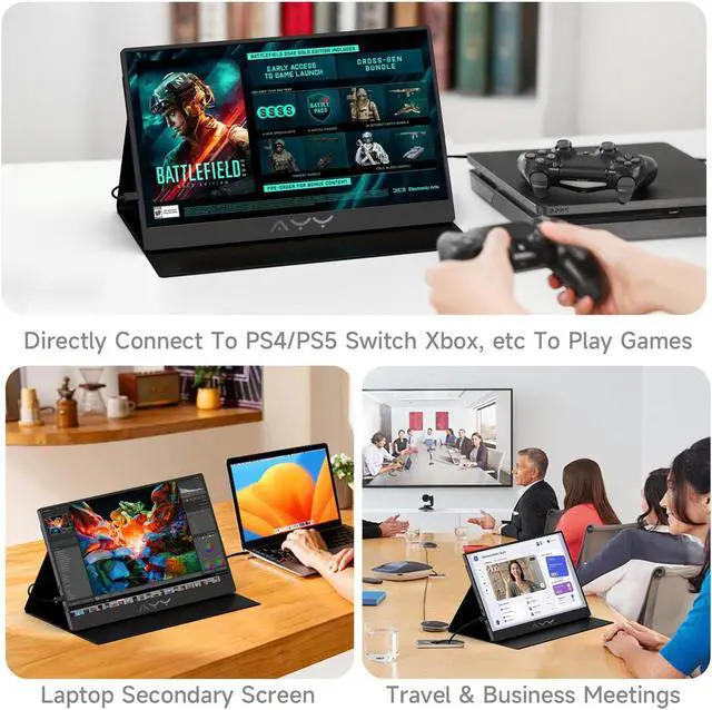 Alt view image 4 of 5 - AYY Portable Monitor for Laptop 15 Inch, FHD 1080P USB-C HDMI Travel Monitor External for Computer, Second Display HDR IPS Gaming Extender for PC MAC Phone PS4/5 Xbox Switch, Built-in Speakers