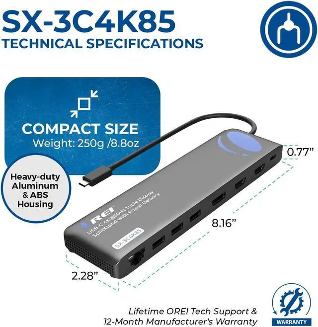 Alt view image 5 of 5 - OREI SplitExtend 4K Splitter Extended Display Triple Monitor 2, 1 DisplayPort Docking Station 4 Separate Screens - USB-C to HDMI Adapter, 100W PD LAN, 4 USB 3.0, MircoSD, Windows, Mac OS