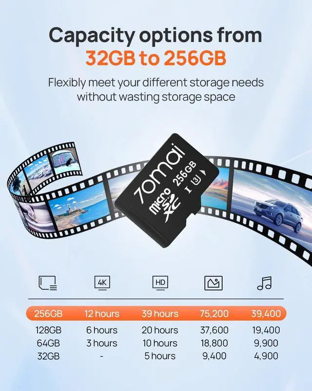 Alt view image 3 of 5 - 70mai Micro SD Card 256GB Memory Card, Up to 100MB/s, Suitable for 70mai Dash Cam A500S, A510, A800s, A810, Android Smartphones, Tablets, Games, Drones