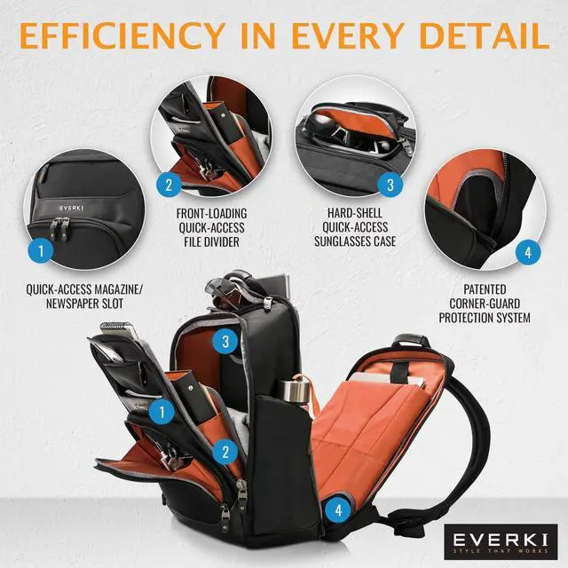 Alt view image 3 of 5 - Everki Onyx Premium Business Executive Laptop Backpack - Ballistic Nylon and Leather Office Backpack Laptop Bag, Travel Friendly - Dedicated Compartment up to 17.3", 36L Capacity (EKP132S17), Black