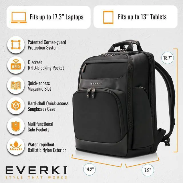Alt view image 5 of 5 - Everki Onyx Premium Business Executive Laptop Backpack - Ballistic Nylon and Leather Office Backpack Laptop Bag, Travel Friendly - Dedicated Compartment up to 17.3", 36L Capacity (EKP132S17), Black