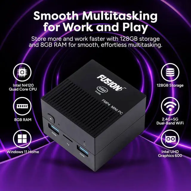 Alt view image 4 of 5 - Fusion5 FMP4 Mini PC Windows 11 - Quad Core Mini Computer, 128GB Storage and 8GB RAM - Small & Portable Desktop Computer with Dual Band WiFi, Bluetooth, HDMI, USB 3.0, Micro SD Card Slot