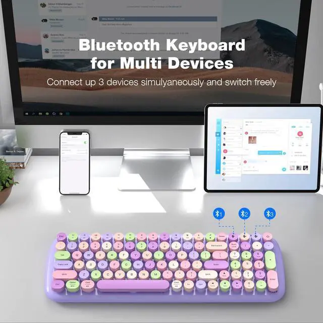 Alt view image 2 of 5 - MOFII Wireless Bluetooth Keyboard for Mac, iPad, iPhone, PC, Laptop & Android, Connect up to 3 Devices Simultaneously, Portable 100-Key Typewriter Retro Round Keycaps Keyboard Purple Colorful