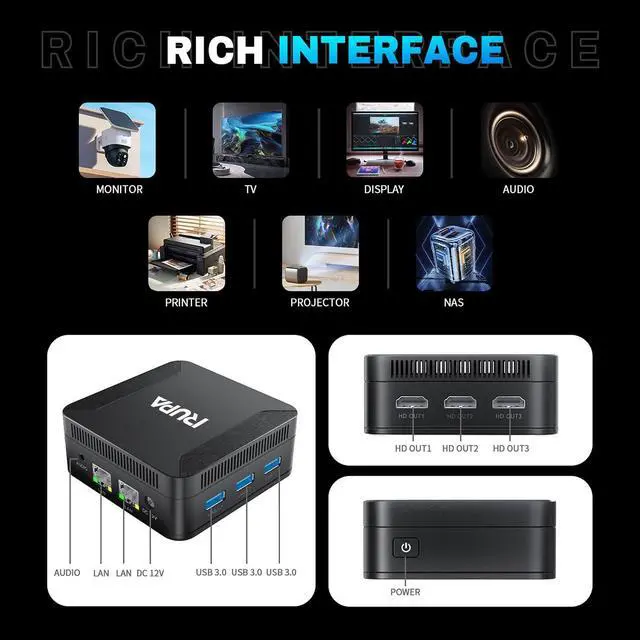 Alt view image 4 of 5 - RUPA Mini Pc Windows 11, N100 Mini PC 12GB DDR5 RAM 512GB 2.5''SSD, Micro PC Support 4K HDR 10+ Triple Display, WiFi6, BT5.2, USB3.0, Gigabit Ethernet Mini Computer for Home/Office Black