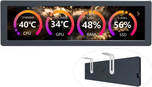 Main image of Waveshare 8.8 inch USB Monitor, 1920 x 480 Resolution,PC Case Secondary Screen/Desktop RGB Ambient Screen, IPS Panel, with Music Spectrum Analysis Function, Type-C Interface, CNC Metal Case, Black