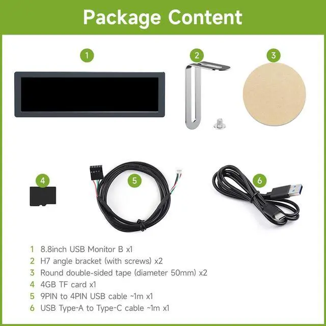 Alt view image 2 of 5 - Waveshare 8.8 inch USB Monitor, 1920 x 480 Resolution,PC Case Secondary Screen/Desktop RGB Ambient Screen, IPS Panel, with Music Spectrum Analysis Function, Type-C Interface, CNC Metal Case, Black