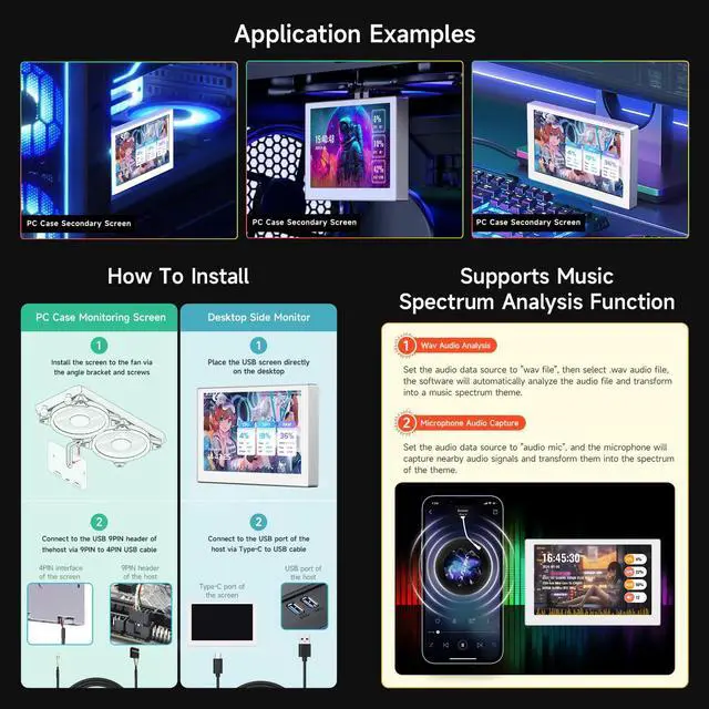 Alt view image 5 of 5 - Waveshare 8.8 inch USB Monitor, 1920 x 480 Resolution,PC Case Secondary Screen/Desktop RGB Ambient Screen, IPS Panel, with Music Spectrum Analysis Function, Type-C Interface, CNC Metal Case, Black