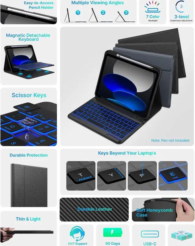 Alt view image 3 of 5 - typecase Folio Keyboard Case for iPad 10th Gen 10.9 inch (2022) and iPad 11th (A16, 2025), Magnetic Wireless Detachable Keyboard, 7-Color Backlight, Thin & Light, Pencil Holder - Carbon Fiber