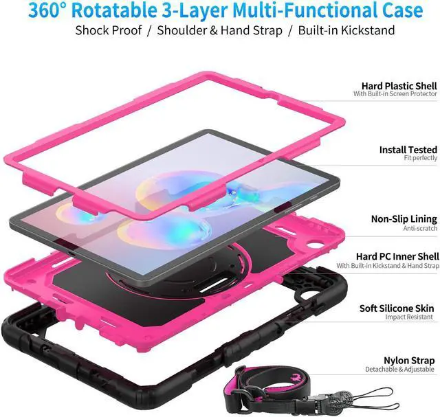 Alt view image 3 of 5 - Timecity Case for Samsung Galaxy Tab S6 Lite 10.4" - Kids Case with Pen Holder, Built-in Screen Protector & 360 Rotating Stand, Hand & Shoulder Straps - Rose