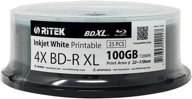 Main image of 25 Pack Ritek BD-R XL BDXL 100GB Archival Grade Triple Layers 4X White Inkjet Hub Printable Blank Recordable Disc in Spindle
