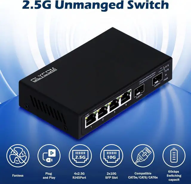 Alt view image 3 of 4 - 6 Port 2.5G Unmanaged Network Switch 4x2.5GBase-T Ports 2x10G SFP+ Fiber Switch 60Gbps Bandwidth Desktop/Wall Mount Compatible with 100/1000/2500Mbps (6port| 4x2.5G + 2x10G SFP+)