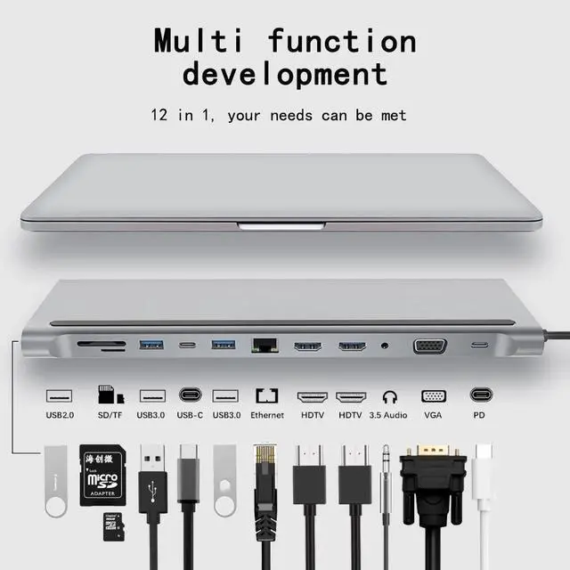 Alt view image 3 of 5 - 12 in 1 Multi Port USB C Dock Triple Monitor Dual HDMI Compatible Adapter Hub Laptop Docking Station All Laptop Brands