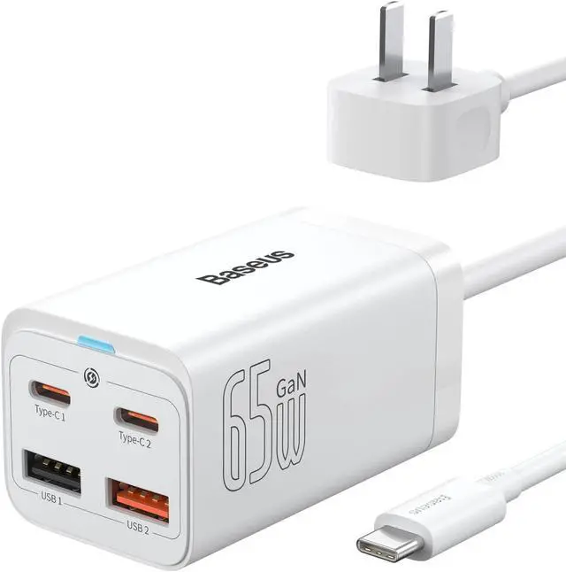 Main image of USB C Charger, Baseus 65W PD GaN3 Fast Wall Charger Block, 4-Ports [2USB-C + 2USB] Charging Station with 5ft Extension Cord for Steam Deck, MacBook Pro, iPhone 15/14/13, Samsung Galaxy, etc
