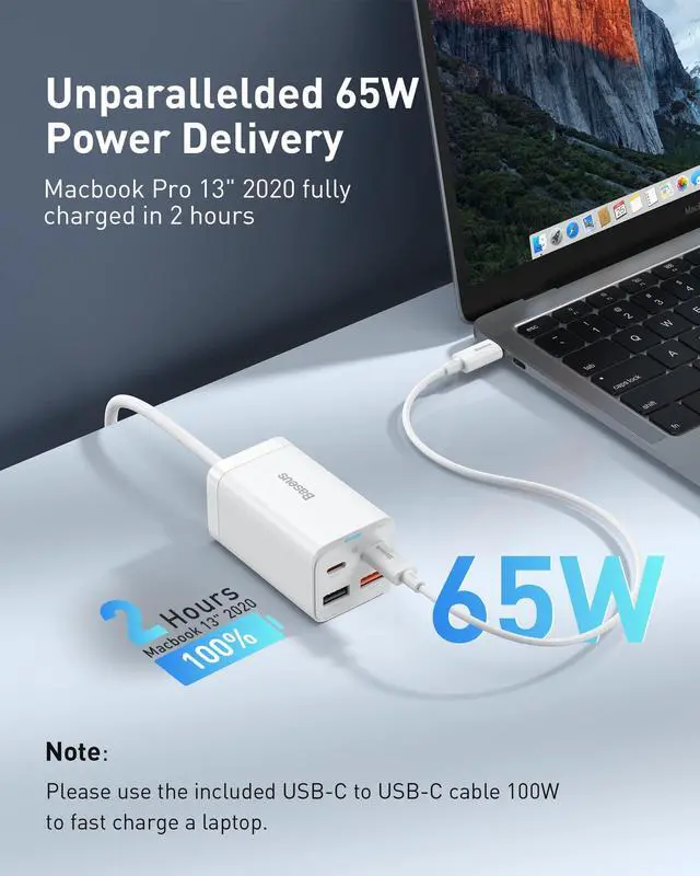 Alt view image 2 of 5 - USB C Charger, Baseus 65W PD GaN3 Fast Wall Charger Block, 4-Ports [2USB-C + 2USB] Charging Station with 5ft Extension Cord for Steam Deck, MacBook Pro, iPhone 15/14/13, Samsung Galaxy, etc