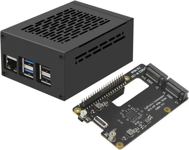 Main image of Geekworm X1004 PCIe to Dual M.2 HAT NVMe 2280 SSD PCIe Peripheral Board+Metal Case for Raspberry Pi 5