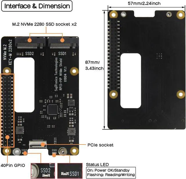 Alt view image 2 of 5 - Geekworm X1004 PCIe to Dual M.2 HAT NVMe 2280 SSD PCIe Peripheral Board+Metal Case for Raspberry Pi 5