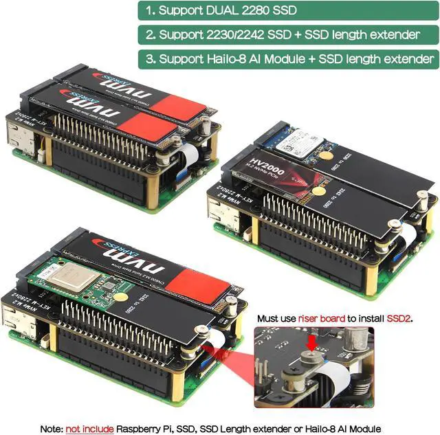 Alt view image 3 of 5 - Geekworm X1004 PCIe to Dual M.2 HAT NVMe 2280 SSD PCIe Peripheral Board+Metal Case for Raspberry Pi 5
