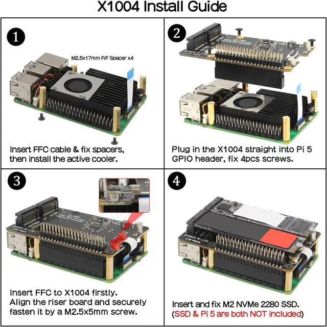 Alt view image 5 of 5 - Geekworm X1004 PCIe to Dual M.2 HAT NVMe 2280 SSD PCIe Peripheral Board+Metal Case for Raspberry Pi 5