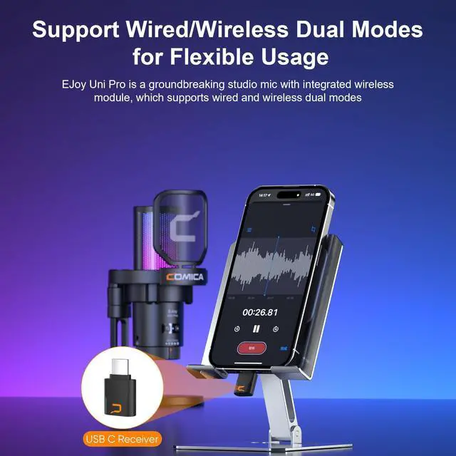 Alt view image 2 of 5 - COMICA Ejoy Uni PRO(D) USB Wireless Gaming Microphone with Noise Cancellation, RGB Lights, Monitoring, Muting, Streaming Mic for Computer, PS5, PS4, Streaming, Podcast, Chat, Twitch, Discord