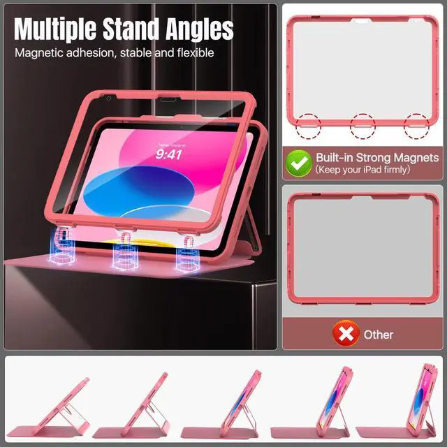 Alt view image 4 of 5 - MoKo for iPad 11-inch (A16) 11th Generation Case 2025/ iPad 10th Generation Case with Pencil Holder 2022 10.9 inch, Built-in Screen Protector Clear Back, Multi Angle Viewing Stand, Watermelon Red