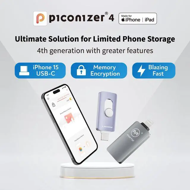 Alt view image 2 of 5 - MAKTAR - Piconizer 4, Automatic iPhone Photo Backup Storage Device, iPhone USB Flash Drive, External Storage for iPhone Photos and Videos, External Backup Drive for iPhone and iPad - Purple, 128GB