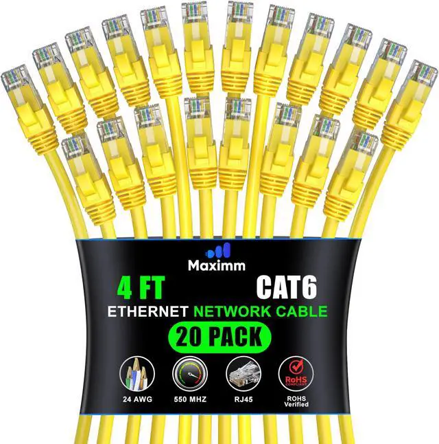 Main image of Maximm Cat 6 Ethernet Cable 4 ft (20-Pack) - High-Speed LAN Cable, Internet Cable, Patch Cable, and Network Cable - UTP, 10Gbps, 550MHz Ethernet Cord - Yellow