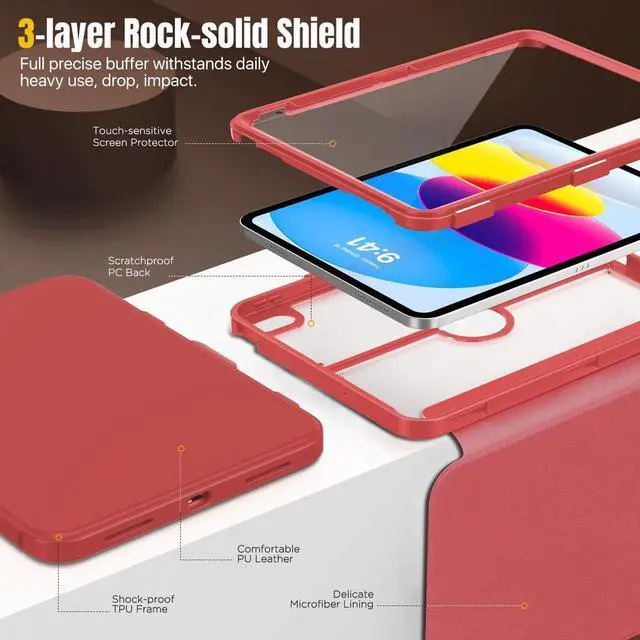 Alt view image 3 of 5 - MoKo for iPad 11-inch (A16) 11th Generation Case 2025/ iPad 10th Generation Case with Pencil Holder 2022 10.9 inch, Built-in Screen Protector Clear Back, Multi Angle Viewing Stand,Red