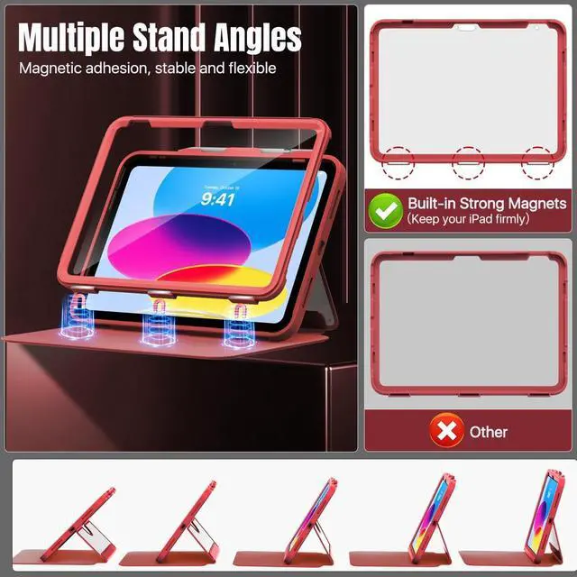 Alt view image 4 of 5 - MoKo for iPad 11-inch (A16) 11th Generation Case 2025/ iPad 10th Generation Case with Pencil Holder 2022 10.9 inch, Built-in Screen Protector Clear Back, Multi Angle Viewing Stand,Red