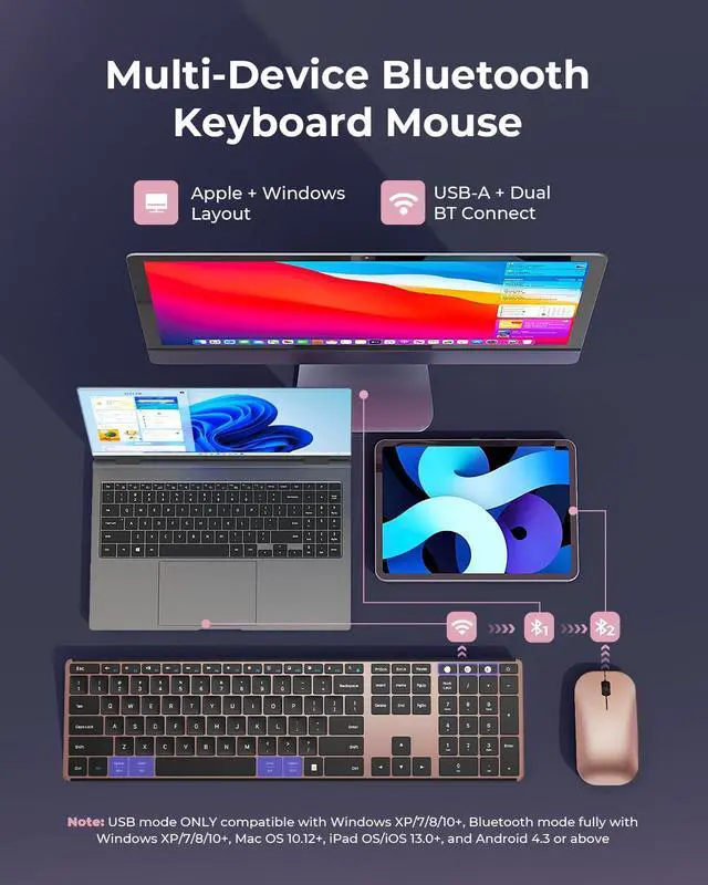 Alt view image 2 of 5 - Wireless Bluetooth Keyboard and Mouse Combo (USB + Dual BT), seenda Multi-Device Rechargeable Slim Keyboard and Mouse, Compatible for Win 7/8/10, MacBook Pro/Air, iPad, Tablet - Black Rose Gold