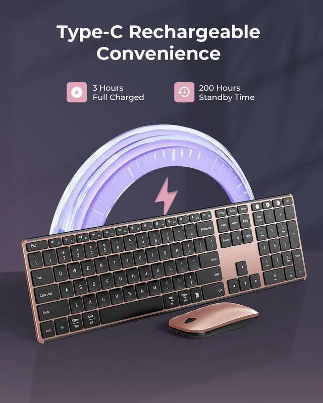 Alt view image 3 of 5 - Wireless Bluetooth Keyboard and Mouse Combo (USB + Dual BT), seenda Multi-Device Rechargeable Slim Keyboard and Mouse, Compatible for Win 7/8/10, MacBook Pro/Air, iPad, Tablet - Black Rose Gold