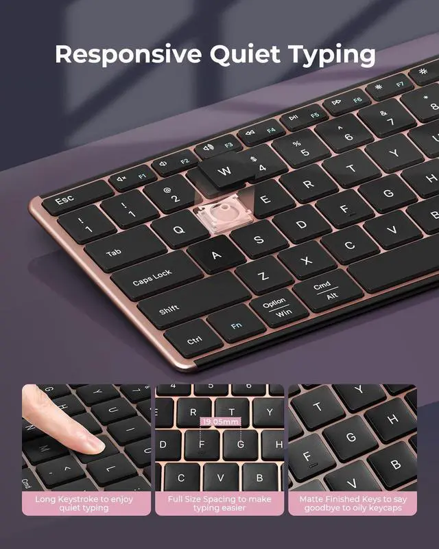 Alt view image 4 of 5 - Wireless Bluetooth Keyboard and Mouse Combo (USB + Dual BT), seenda Multi-Device Rechargeable Slim Keyboard and Mouse, Compatible for Win 7/8/10, MacBook Pro/Air, iPad, Tablet - Black Rose Gold