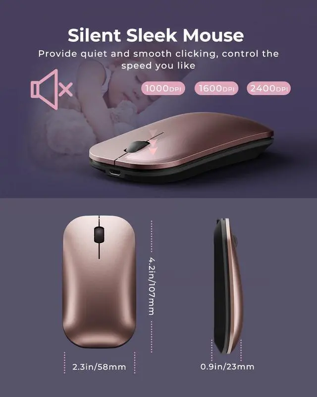 Alt view image 5 of 5 - Wireless Bluetooth Keyboard and Mouse Combo (USB + Dual BT), seenda Multi-Device Rechargeable Slim Keyboard and Mouse, Compatible for Win 7/8/10, MacBook Pro/Air, iPad, Tablet - Black Rose Gold
