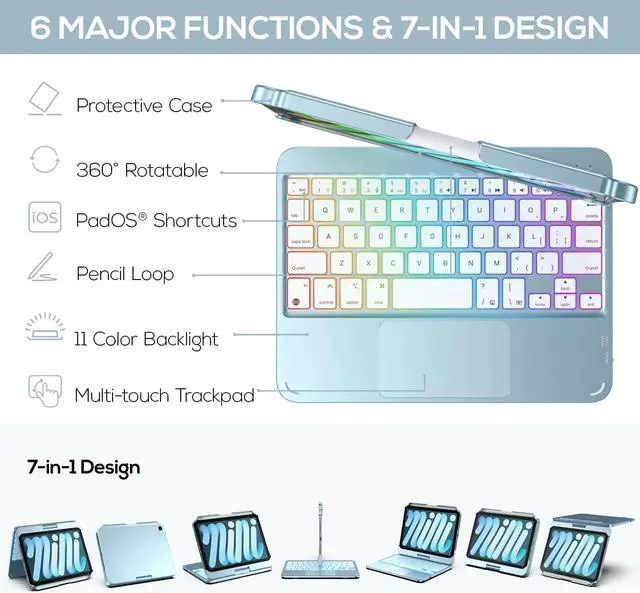 Alt view image 3 of 5 - typecase Keyboard Case for iPad Mini 7 (2024) & Mini 6 (2021) - Wireless Case with Keyboard for iPad Mini 7th 6th Generation 8.3" - 10 Colors Backlit Keyboard Cover with Trackpad - Light Blue