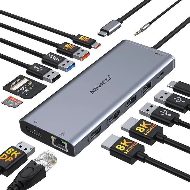 Main image of USB C Docking Station Dual Monitor for Dell/HP/Lenovo Laptop, Single 8K@30Hz/4K@120Hz, Triple 4K Display USB C Hub Multiple Adapter with 2 HDMI+DP+USB3.1+6 USB+RJ45+PD+SD/TF+Audio for iPhone 15