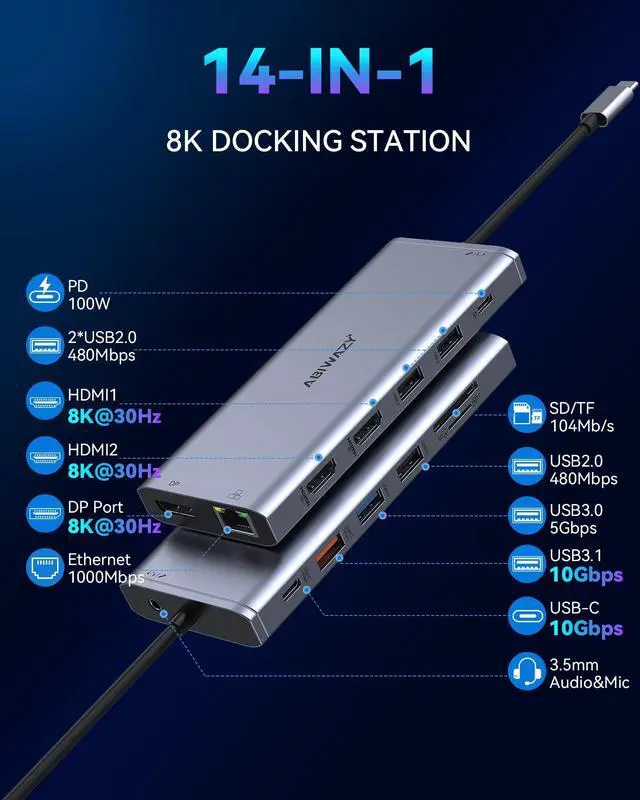 Alt view image 2 of 5 - USB C Docking Station Dual Monitor for Dell/HP/Lenovo Laptop, Single 8K@30Hz/4K@120Hz, Triple 4K Display USB C Hub Multiple Adapter with 2 HDMI+DP+USB3.1+6 USB+RJ45+PD+SD/TF+Audio for iPhone 15