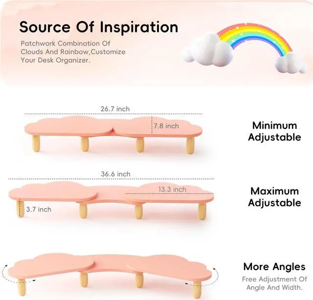 Alt view image 5 of 5 - AFOOYO Dual Monitor Stand Riser,Rainbow Cloud Desktop Computer Stand for 2 Monitors,Adjustable Length and Angle Multifunctional Desktop Organizer Stand for Laptop, PC, Computer, Printer,Pink