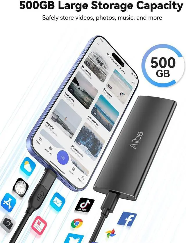 Alt view image 4 of 5 - Aiibe 500GB External Solid State Drive USB C Portable SSD USB 3.2 Gen 2, Up to 1050MB/s, External SSD 500GB External Hard Drive for iPhone 15/Pro, Laptop, Mac and PS4 (Black)