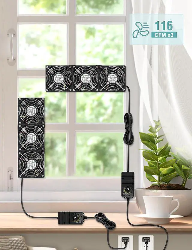 Alt view image 2 of 5 - AmRunJe 3 x 120mm 360mm Computer Fan with AC Plug Variable Speed Control 110V - 240v Ball Bearing Window Fan Cooling for Electronics Cabinet CPU PC Case Crawl Space Server Rack