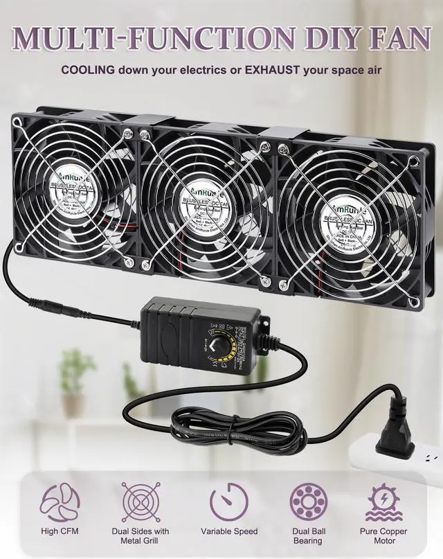 Alt view image 5 of 5 - AmRunJe 3 x 120mm 360mm Computer Fan with AC Plug Variable Speed Control 110V - 240v Ball Bearing Window Fan Cooling for Electronics Cabinet CPU PC Case Crawl Space Server Rack