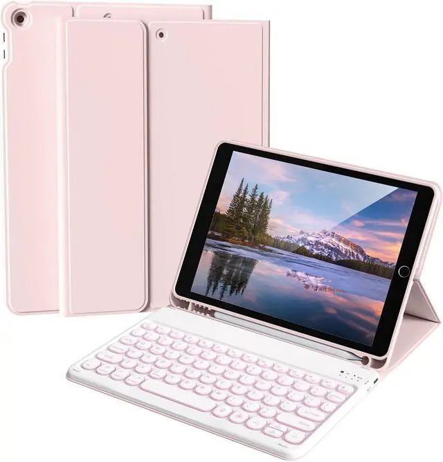 Main image of Aoub Keyboard Case for iPad 9th/8th/7th Generation 10.2 inch, 7 Colors Backlit, Stand Folio Detachable Wireless Bluetooth Keyboard Cover Soft TPU Back Case for iPad 10.2 2021/2020/2019 - Pink