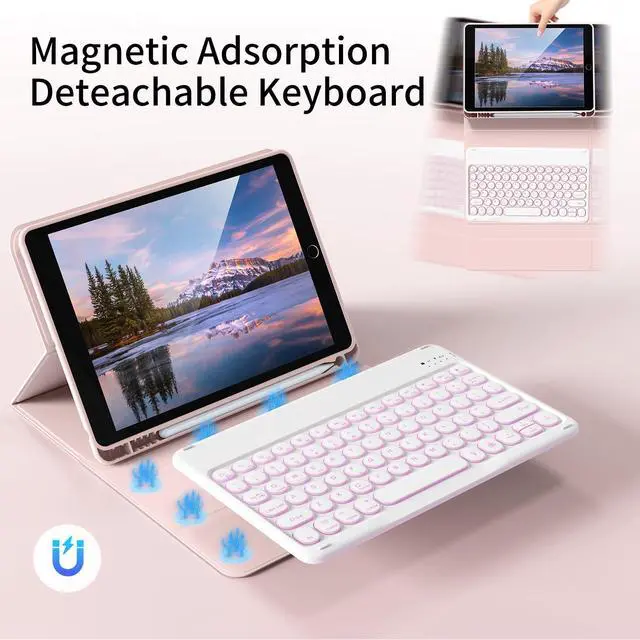 Alt view image 5 of 5 - Aoub Keyboard Case for iPad 9th/8th/7th Generation 10.2 inch, 7 Colors Backlit, Stand Folio Detachable Wireless Bluetooth Keyboard Cover Soft TPU Back Case for iPad 10.2 2021/2020/2019 - Pink