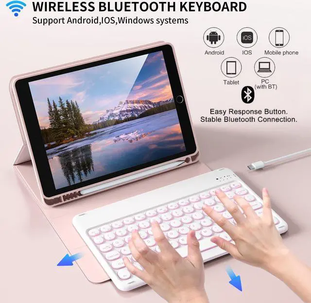 Alt view image 4 of 5 - Aoub Keyboard Case for iPad 9th/8th/7th Generation 10.2 inch, 7 Colors Backlit, Stand Folio Detachable Wireless Bluetooth Keyboard Cover Soft TPU Back Case for iPad 10.2 2021/2020/2019 - Pink