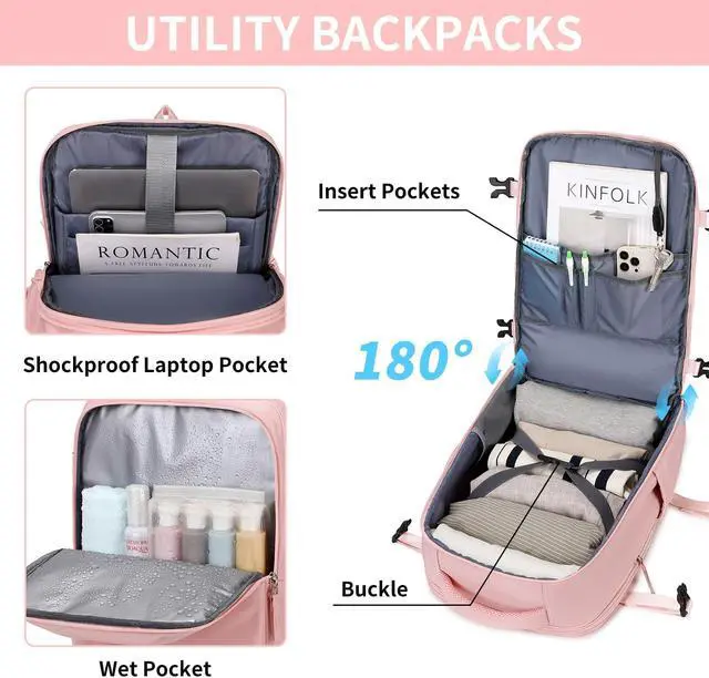 Alt view image 3 of 5 - ASKSKY Women's Casual Daypack Backpacks, Carry On Travel Backpack Flight Approved, Expandable Multiple Compartments Laptop Backpack Pink