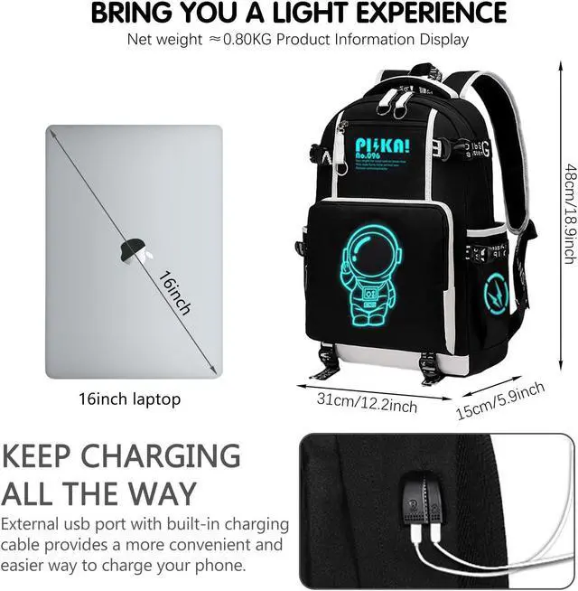 Alt view image 3 of 5 - Boy Backpack Travel Bag Anime Backpack Luminous Pattern Travel Laptop Backpack - Adjustable Shoulder Strap Waterproof school bag Backpack With Usb Charging Port & Combination Lock Pencil Case