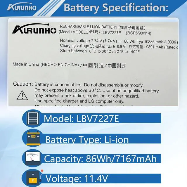 Alt view image 2 of 5 - AURUNHO LBV7227E 80Wh Laptop Battery Replacement for LG Gram 15Z90N 17Z90N Gram 16 2-in-1 16T90P 16Z90P 16Z90PC 16Z90PG 16ZD90P 17Z90P Series 7.74V 10336mAh